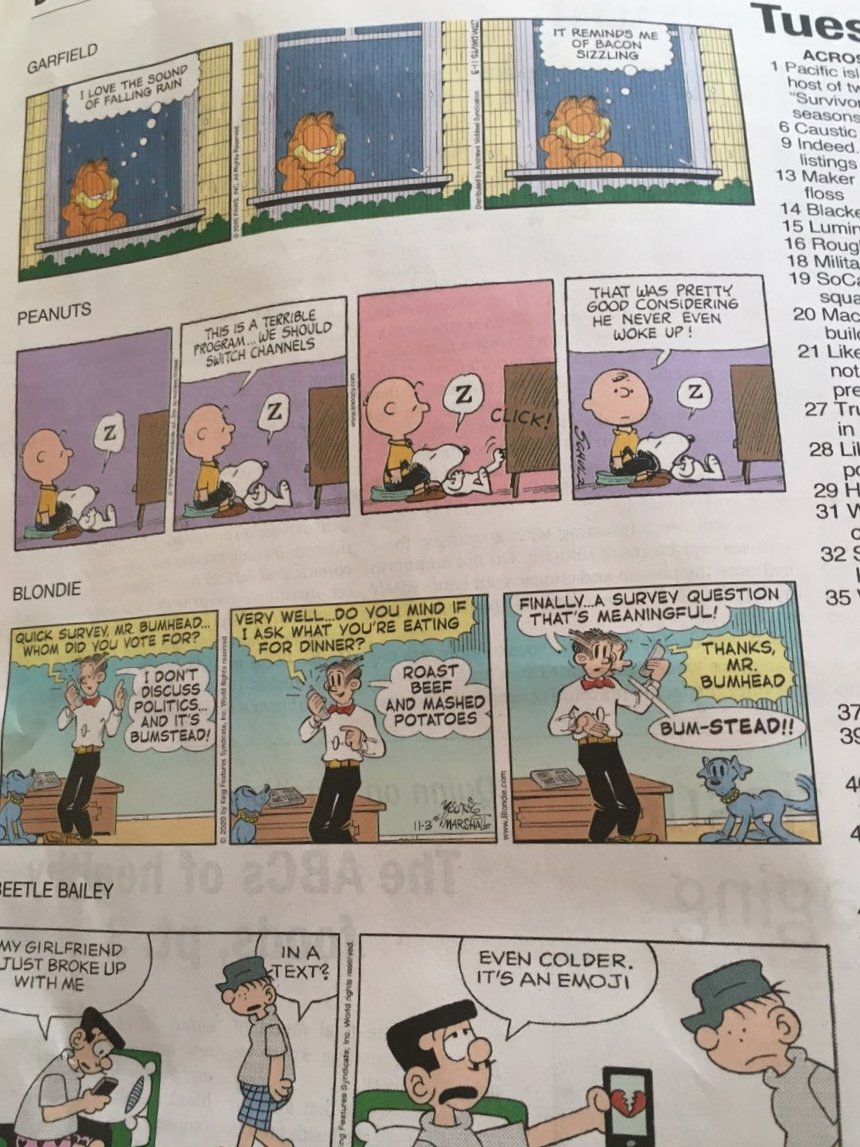 Election Day Comics PageGarfield: as always, pointlessClassic Peanuts: 1970s TV technology is dated but otherwise this feels currentBlondie: Dagwood doesn't discuss politics, thinks surveys are meaningless. Dagwood sucks.Beetle Bailey: who cares