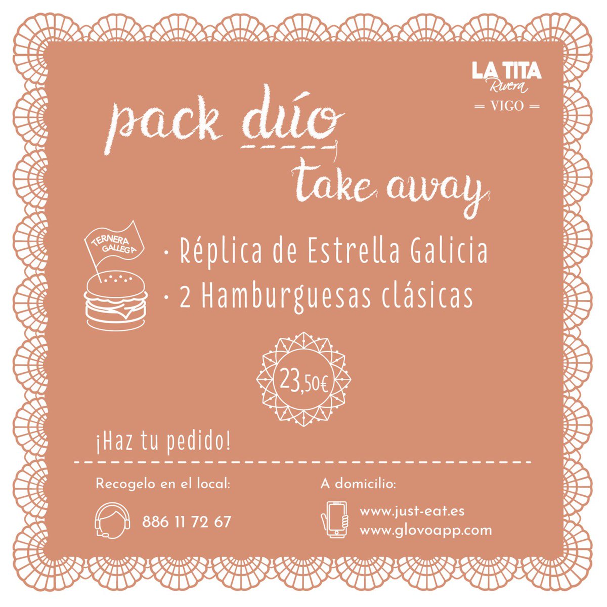 ¡Os presentamos un pack para recoger o que te lo lleven a casa: el PACK DÚO! Una botella #LaRéplica a elegir y dos hamburguesas clásicas. ¡Pídelo con <a href="/glovo_es/">Glovo</a> o <a href="/justeat_es/">JUST EAT España</a> y llévate <a href="/LaTitaVigo/">La Tita Rivera Vigo</a> a tu salón.
#packduo #LaReplica #PonmeUnaReplica #takeaway #comida #LaTitaRiveraVigo