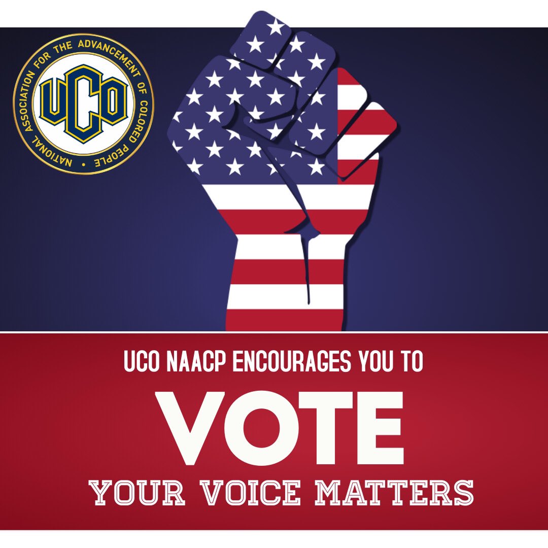 TODAY is the day to exercise your rights with voting! one single vote can change the outcome of many circumstances completely. If you haven’t voted yet, grab that jacket &amp; shoes and head out to vote!! UCO NAACP encourages you guys ☝🏽🇺🇸