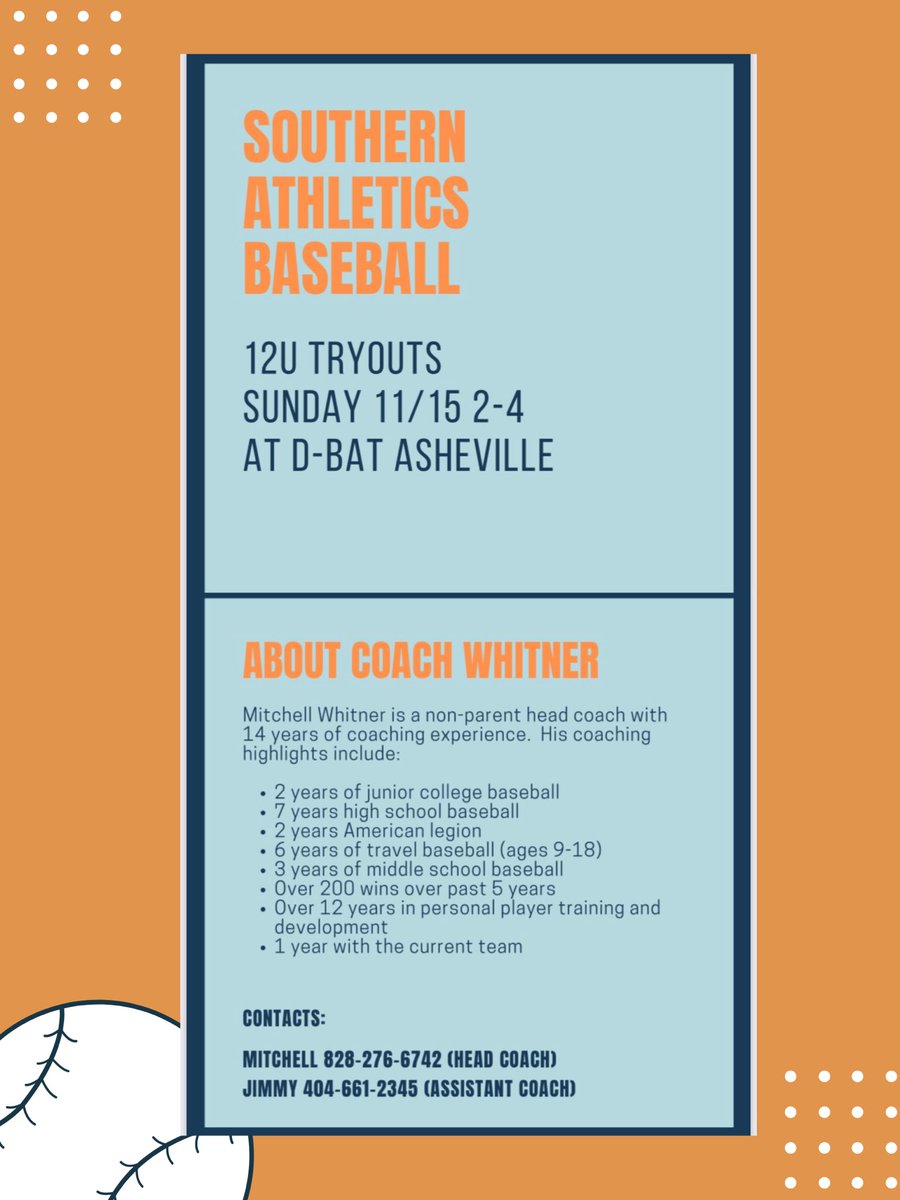 Are you a rising 12U player looking for a travel baseball team???

Southern Athletics Baseball is holding tryouts for their 12U team on Sunday 11/15 from 2pm-4pm @ D-BAT Asheville. 

Contact either coach now if you’re interested!!!
