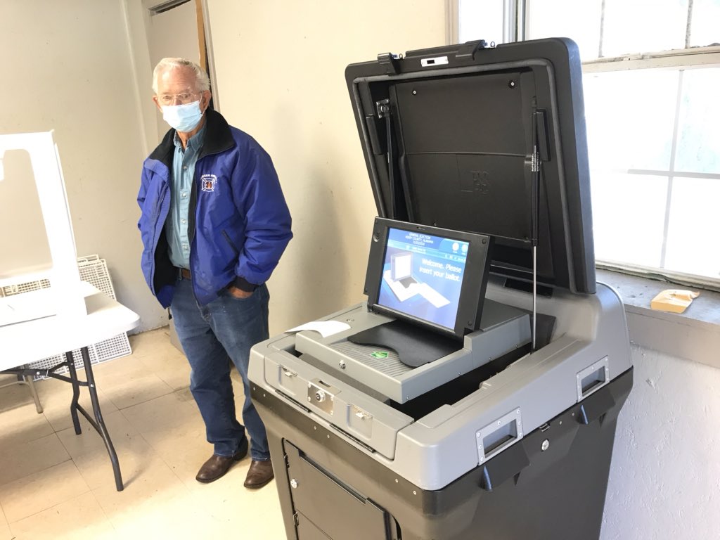 Here in rural Heiberger, Alabama, at one of the smallest polling places I’ve personally ever been to, there’ve been ~90 voters so far, up from the usual 50, says polling inspector Franco Crocker (pictured): “We have a good turnout. I’m working here for the community, the country”