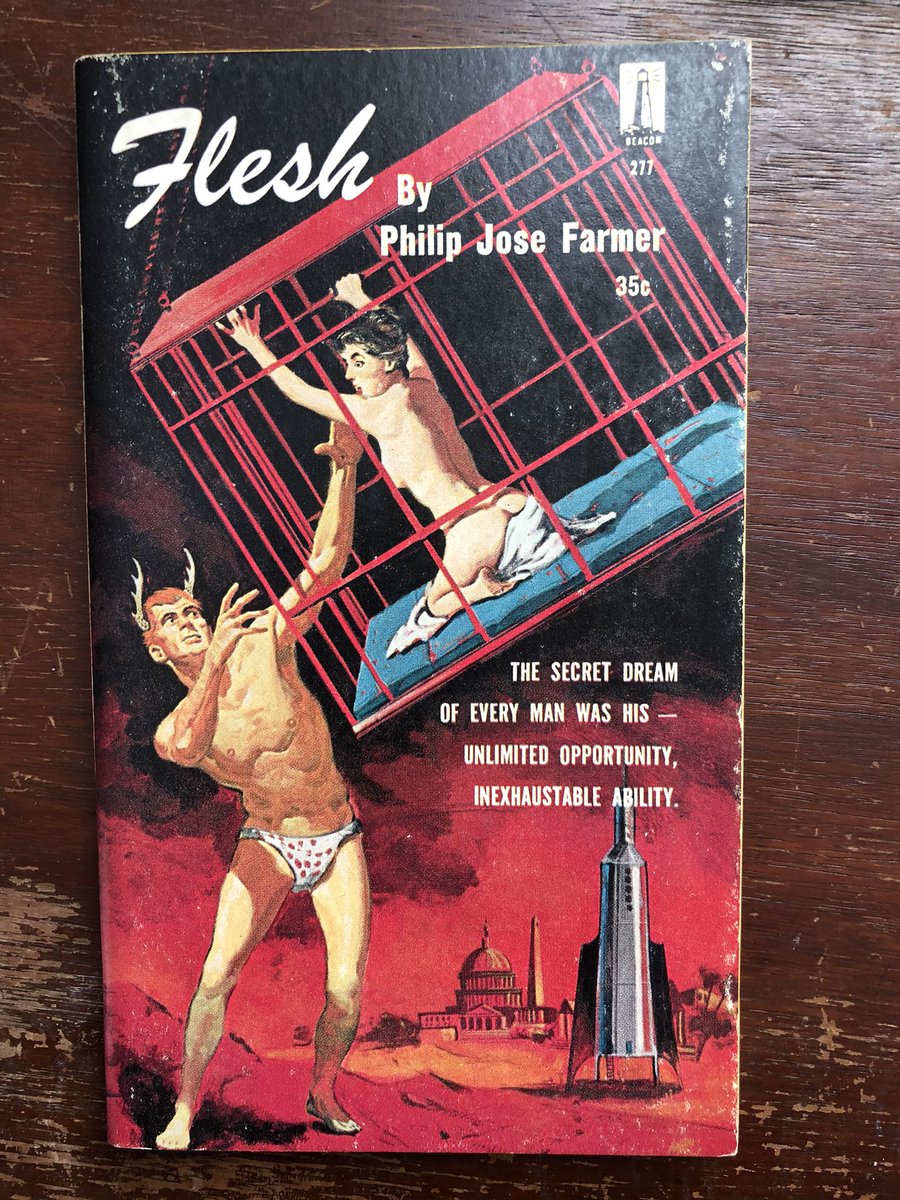 Some of the Beacon Galaxy novels were what we call PBOs—paperback originals, never previously published. This is the case for Farmer’s “Flesh,” which is probably my favorite cover in this series. I just like his lil horns.