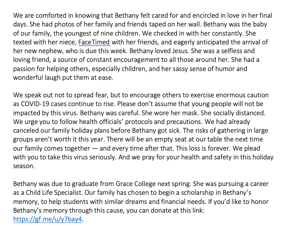 Bethany was the baby of our family, the youngest of nine. She loved Jesus. She loved memes. And she loved her family and friends until the very end.

The following is a statement from our family. We are declining all interviews at this time.