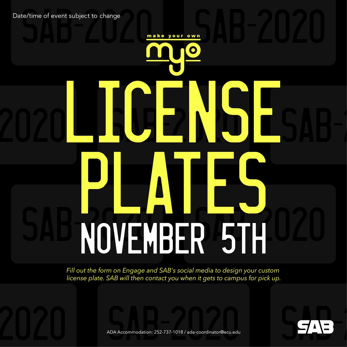 Come and join us to get your own personalized license plate made!

1. Sign up via the link below:

ampedevents.com/ecuplates.html 
2. When all spots are filled, form will close. 
3. Check your email for a confirmation link before the event. 

CONTINUED —