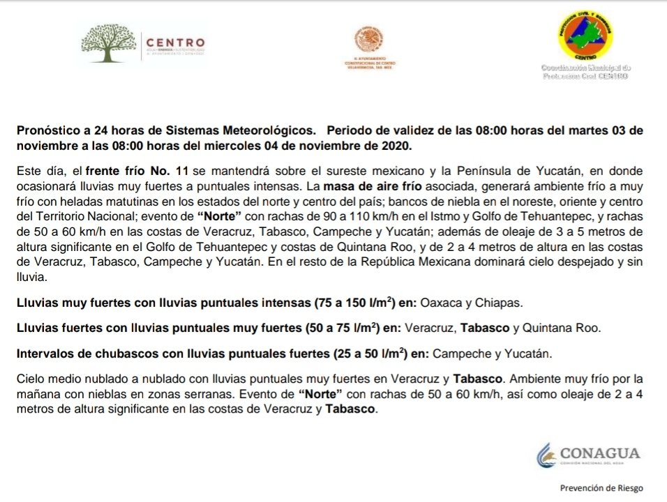 CentroCPCM's tweet photo. De acuerdo a la información disponible en la pagina oficial del SMN, de la Conagua, Este día, se espera cielo nublado a mayormente nublado durante el día, con probabilidad de 60 a 70 % de lluvia, moderada a fuerte con chubascos y tormentas dispersas en Villahermosa, Centro, https://t.co/K2die6yy3g