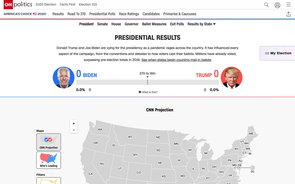 Also out already: CNN:  https://edition.cnn.com/election/2020/presidential-polls NBC:  https://www.nbcnews.com/politics/2020-elections/president-results Politico:  https://www.politico.com/2020-election/results/ New Statesman:  https://www.newstatesman.com/us-election-2020Reply (with a screenshot, especially if they're behind a paywall) if you come across any other results "dashboards".