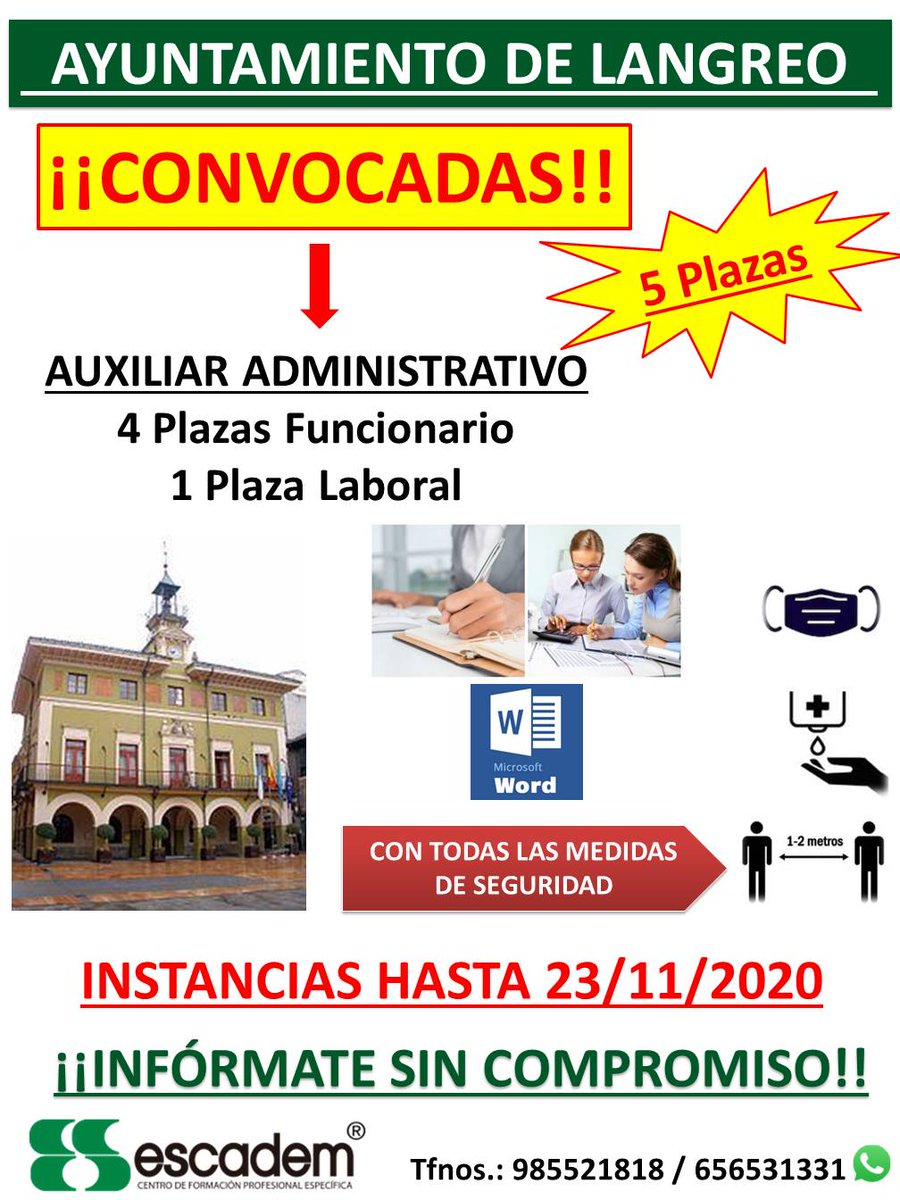 Escadem's tweet photo. #CONVOCADAS 5 Plazas #OPOSICIONES Ayuntamiento de Langreo #AuxiliarAdministrativo  #Instancias hasta 23/11/2020. ¡Infórmate! #ESCADEM Tlfs. 985521818 / 656531331 ¡¡Con todas las medidas de seguridad!! https://t.co/CCuogCXgpG