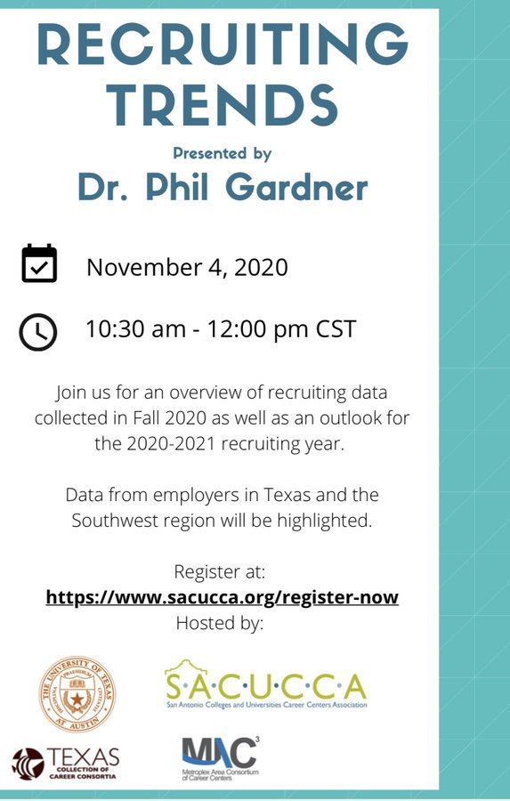 We are 1 day away from "Recruiting Trends" by Dr. Phil Gardner. MAC3 members receive FREE ADMISSION when registering in advance and using the code "TX2020". The fee for employers who are not MAC3 members is $49.