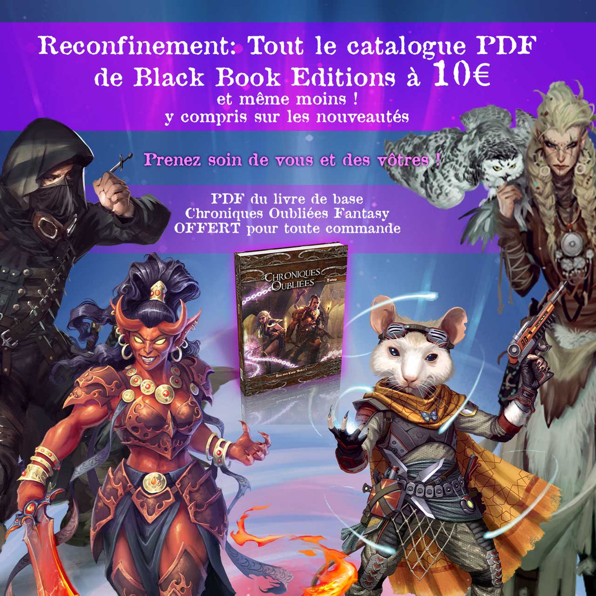 BlackBookjdr's tweet image. Et c&apos;est reparti...😪 On pense à vous, et aux longues heures qui s&apos;annoncent.
▶️On offre à tout le monde le livre de base PDF du jeu de rôle Chroniques Oubliées Fantasy *sans condition d&apos;achat*.
Et tout le catalogue PDF de BBE passe à 10€ max.
Courage!
⏬
black-book-editions.fr/news-3069.html