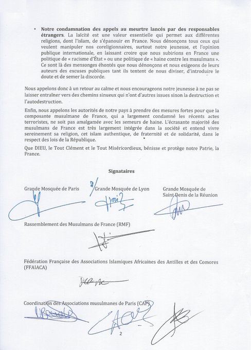 Declaración de las federaciones musulmanas y mezquitas de Francia: Condena del terrorismo y de toda la violencia que se expresa en nombre del Islam Condena a aquellos que instrumentalizan el Islam con fines políticos Condena al boicot de los productos franceses.