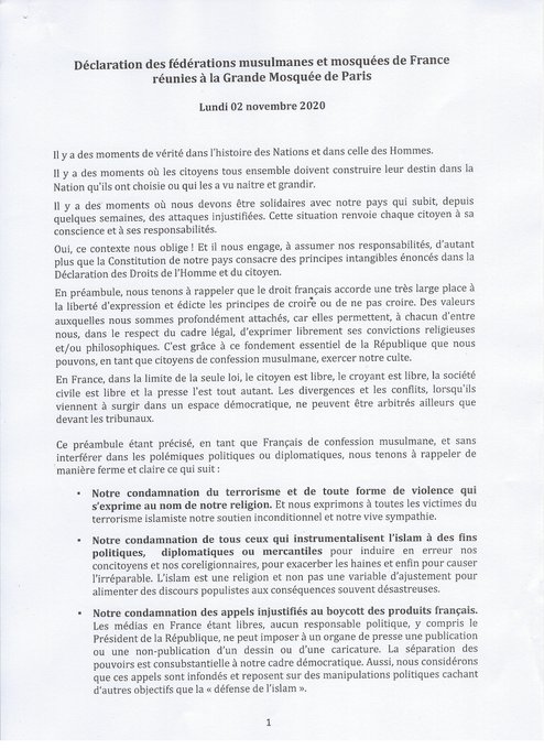 Declaración de las federaciones musulmanas y mezquitas de Francia: Condena del terrorismo y de toda la violencia que se expresa en nombre del Islam Condena a aquellos que instrumentalizan el Islam con fines políticos Condena al boicot de los productos franceses.