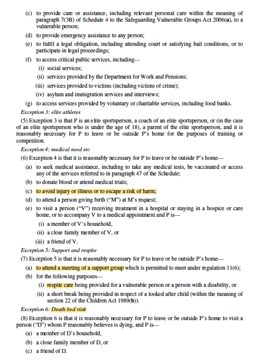 What are the exceptions? There are many. There are 13 listed, but a number have sub-categories of exception, particularly Exception 1 (leaving home necessary for certain purposes). Here they are, except I can't fit them into four screen grabs!