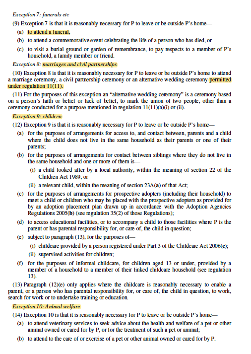 What are the exceptions? There are many. There are 13 listed, but a number have sub-categories of exception, particularly Exception 1 (leaving home necessary for certain purposes). Here they are, except I can't fit them into four screen grabs!
