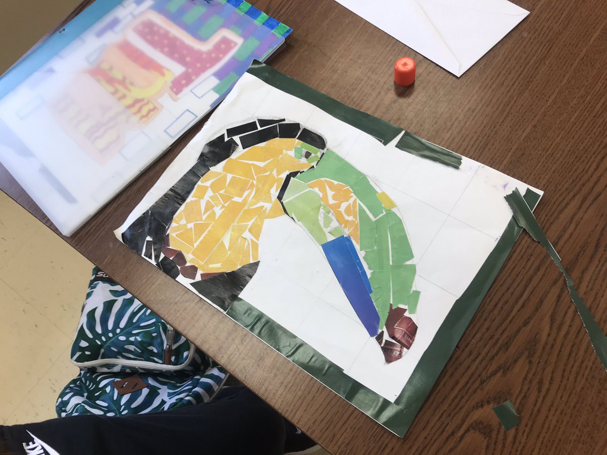 GBlakeSMSArt's tweet photo. #SMSArt A couple more examples of the 7th grade collages. Did the project as I was unsure what supplies students may have on hand, figured everybody has catalogs to rip. Wrong! Butterfly is made out of post-it notes. Amazing. https://t.co/3tuxjM6wUs