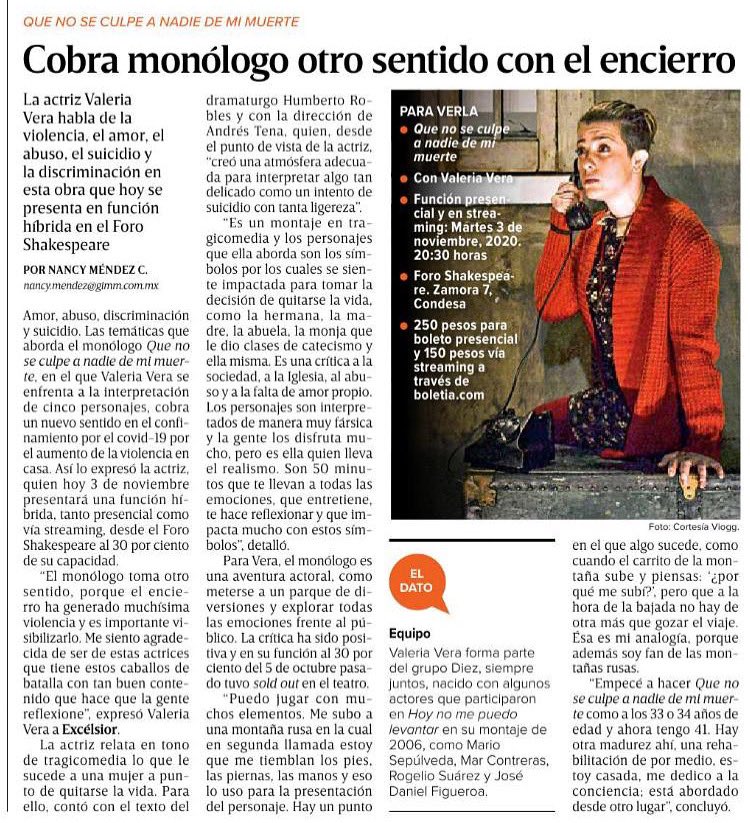 viogg_rp's tweet photo. ¡Hoy es la última función de @QueNoSeCulpe a nadie de mi muerte con @Valerozavera ! 

Pueden verla presencial en el @ForoShakespeare o streaming por @boletia 🎭

Aquí, una entrevista que @nanchitamendez del periódico @Funcion_Exc le hizo a su protagonista. 👇🏽 https://t.co/yLGPhSJAOT