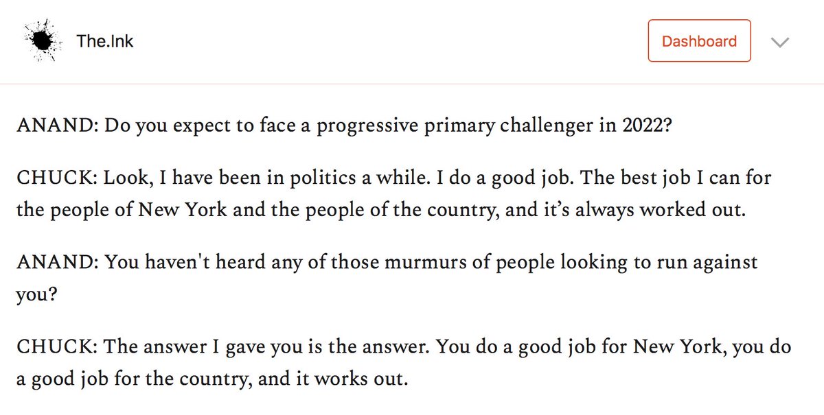 I asked him if he is aware that he is almost certainly going to face a formidable primary challenge in 2022. https://the.ink/p/schumer&nbsp;