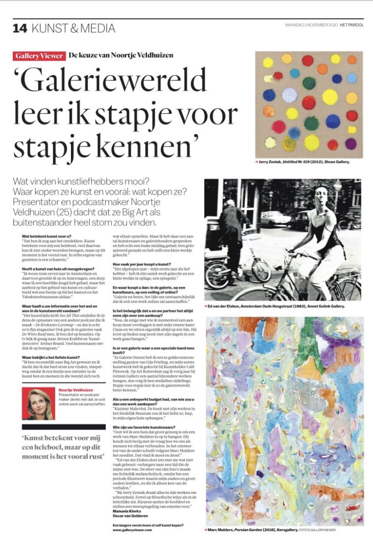 Iedere maandag verschijnt “De keuze van...” - het wekelijkse interview met een kunstverzamelaar dat @ManuelaKlerkx en ik maken - paginagroot in <a href="/parool/">Het Parool</a> De langere versie wordt gepubliceerd op <a href="/GalleryViewerNL/">GalleryViewer</a> (galleryviewer.com/nl/article/414… Deze week: <a href="/NoortjeVeldhuiz/">Noortje Veldhuizen</a>!