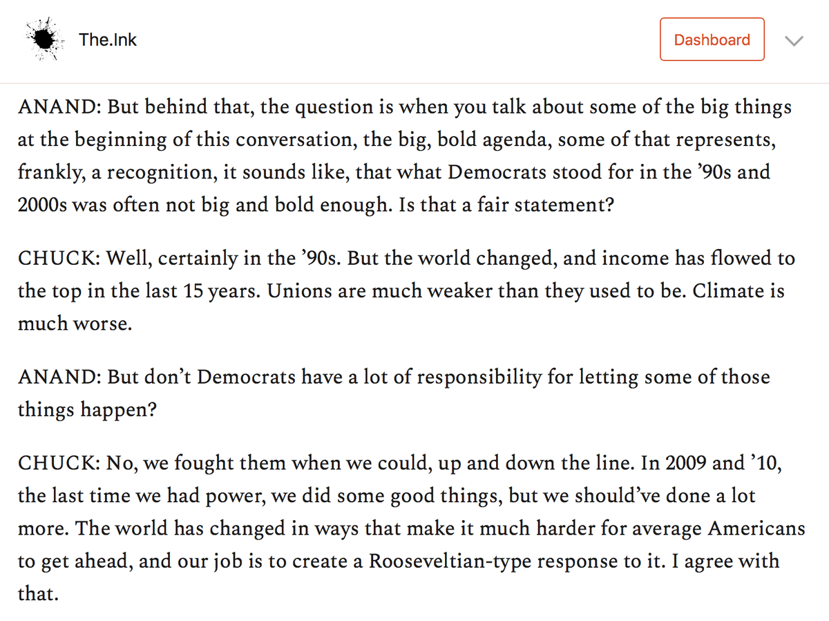 What was most frustrating in this conversation was that Schumer continued to insist on the need for Democrats to change while refusing to admit to any of their complicity in how things got bad. https://the.ink/p/schumer&nbsp;
