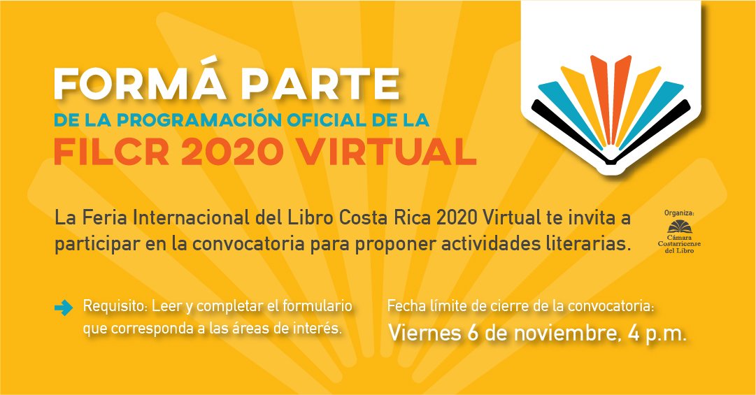 _FILCR's tweet photo. Hacé de tu idea un proyecto en la FILCR2020-VIRTUAL 📖 Tenés tiempo de proponer tu idea hasta este 6 de noviembre.

✍🏽Formulario: https://t.co/OYdFQvxT7o

#ConectandoLaRegión
#EnTodaCostaRica https://t.co/W6xvoy2xDj