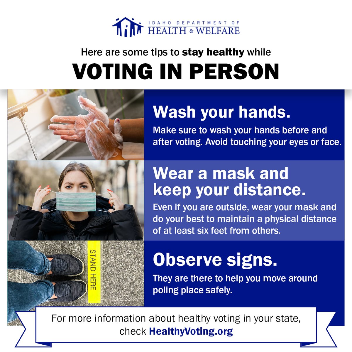 IDHW's tweet photo. You can safely vote today, just remember to follow the recommended guidelines! Visit https://t.co/R1e8PEpO6p for more information about healthy voting in Idaho. #StaySafeStayHealthy #MaskUpIdaho https://t.co/sHTXFTpPM7