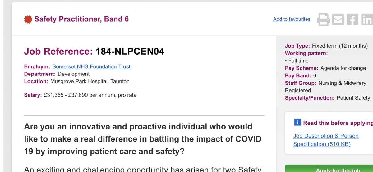 Really exciting band 6 roles with the safety team in Taunton. Quality improvement, simulation, safety and human factors work to improve outcomes for our patients. 

Great team with a real drive to improve safety outcomes for patients. 

jobs.nhs.uk/xi/vacancy/916…