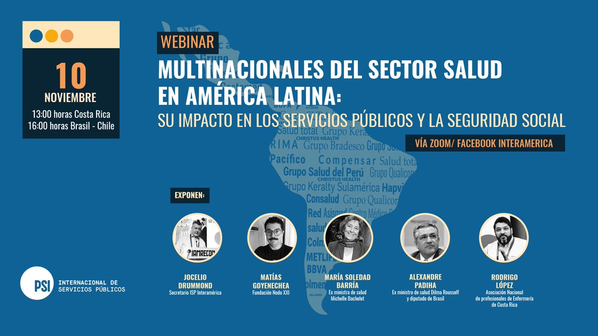 ISPinteramerica's tweet photo. @ISPinteramerica y @NodoXXI, les invitan al al lanzamiento del informe  sobre Multinacionales del sector salud en América Latina, el 🗓 10 de noviembre a las ⏰ 13:00 horas de Costa Rica/ 14:00 de Colombia/ 16:00 horas de Brasil.
➡️ Inscríbete aquí ✍🏻 https://t.co/SbWYZDOx5t https://t.co/1Mbn22fKAt