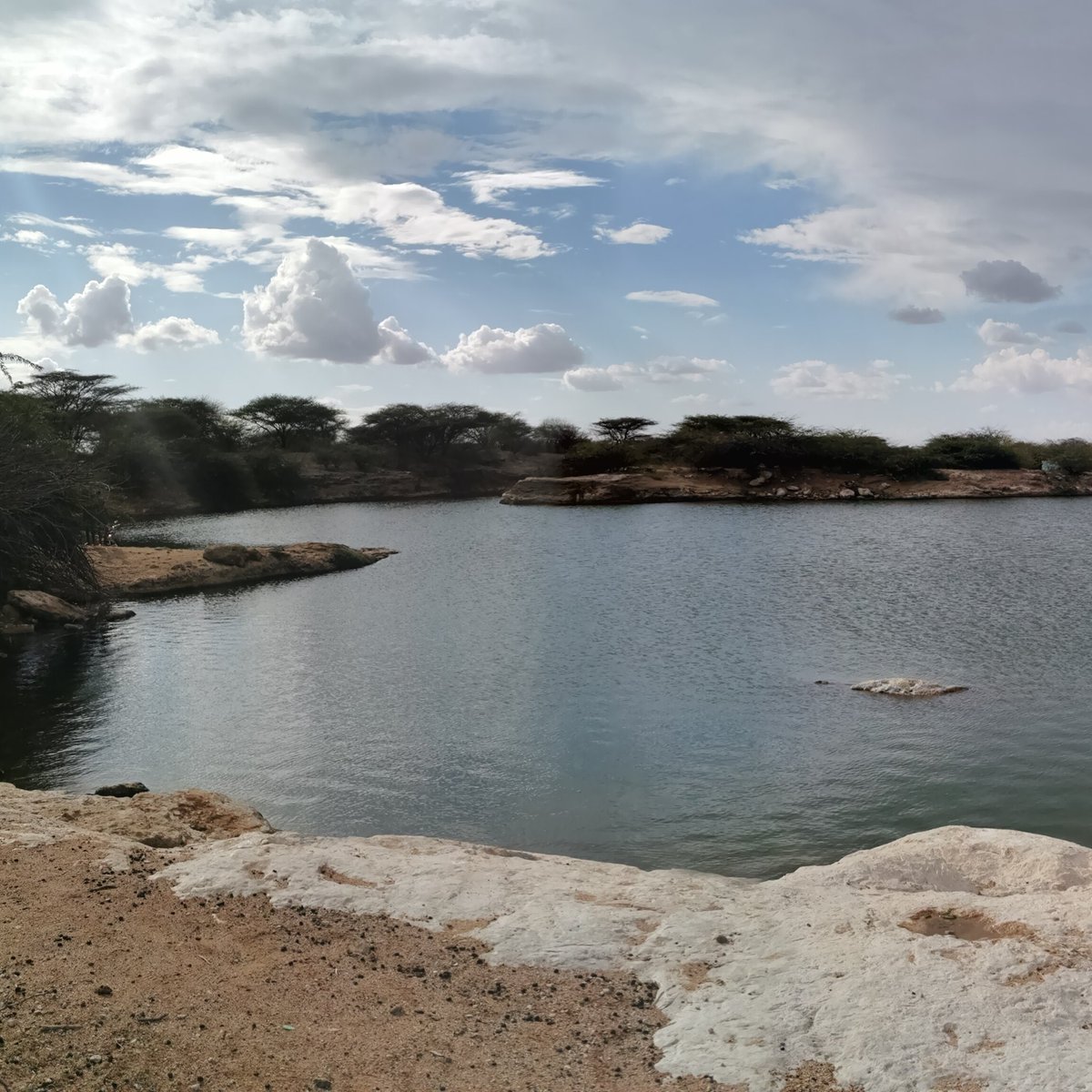 Lake Yahud. Named after the Jewish contractor who did the constructed the Wajir airport, they mined materials here and left the pit which filled up with water to form the lake in the 1970s, it never dries up. Split pano image 