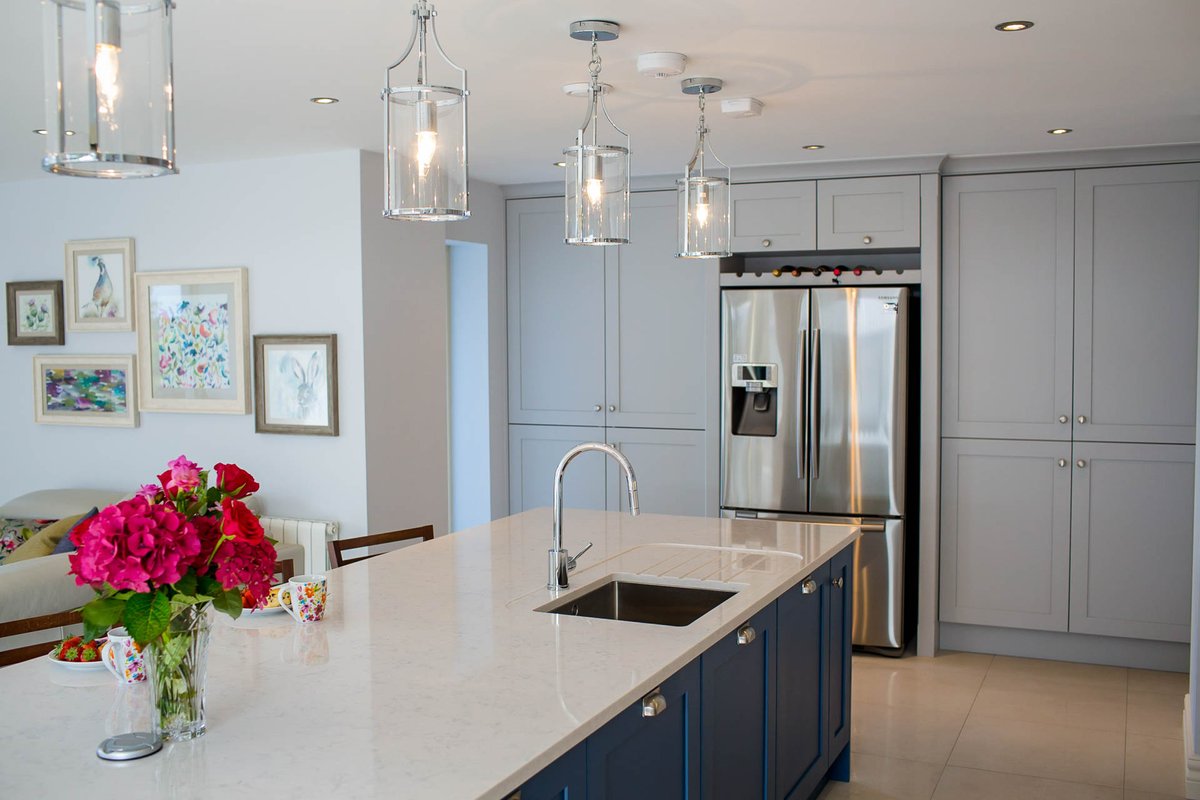 CelticInteriors's tweet photo. This shaker style #kitchen by @CelticInteriors is painted  Pavilion Grey &amp; Stiff Key Blue. The soft colours make this room a calming social space. #interiorlovers #homeinspiration #homedesign #homeinspo #kitchendesign #irishinteriors #kitchendesign #madeinireland🍀 https://t.co/5Pabq1ebmx