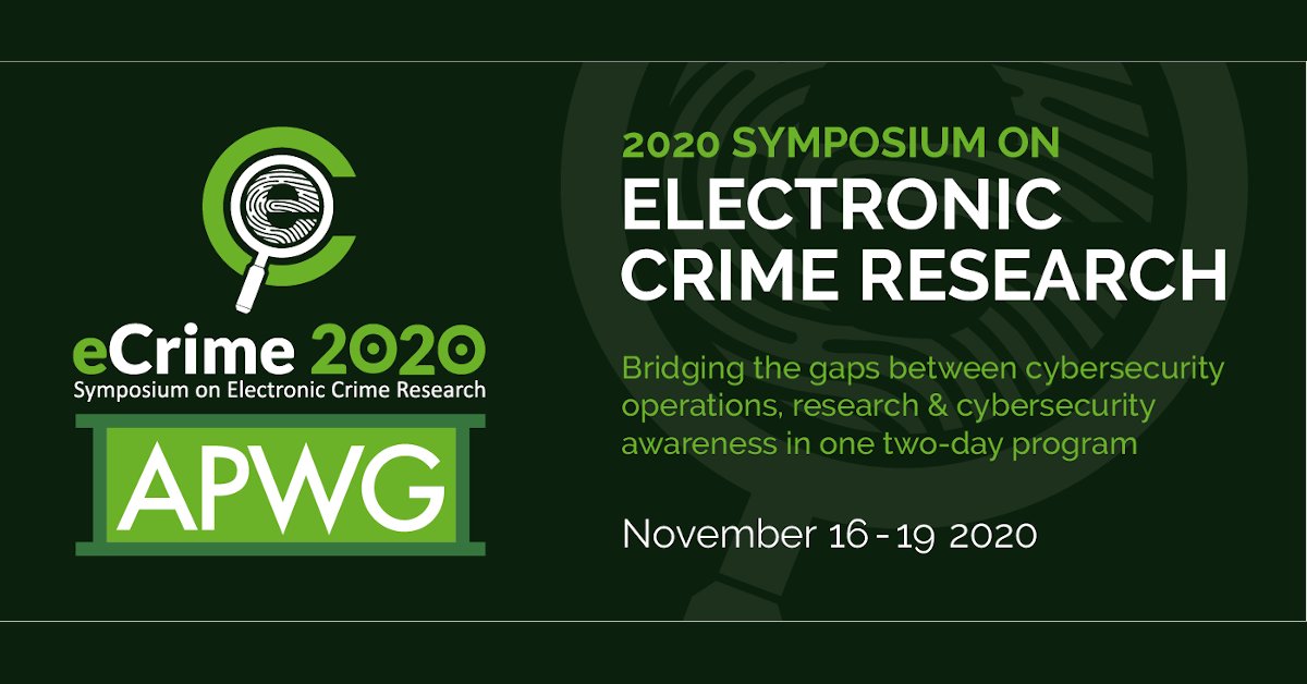 Register now for the Virtual #eCrime2020 event including research topics like: #ransomware, dark markets, #cryptocurrency scams, #phishing, #BEC, domain abuse, COVID scams, onion network impersonation and much more!

Event details here: bit.ly/3etMYqn