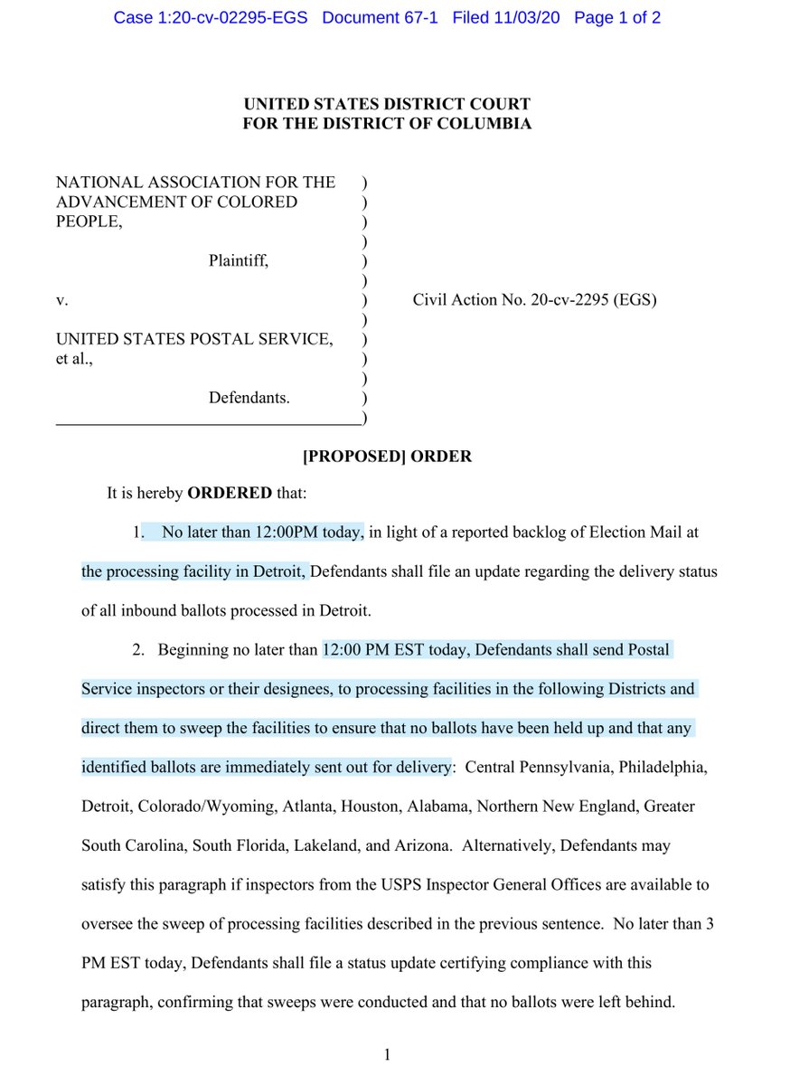 This is the  @NAACP proposed Order - again it’s a proposed order and we should wait & see what Judge Sullivan rulesBut the surgical precision of incomprehensible downward ballot %s in Detroit, Baltimore and Philadelphia is beyond troubling it’s DeJoy(less) https://twitter.com/File411/status/1323664756419473410?s=20
