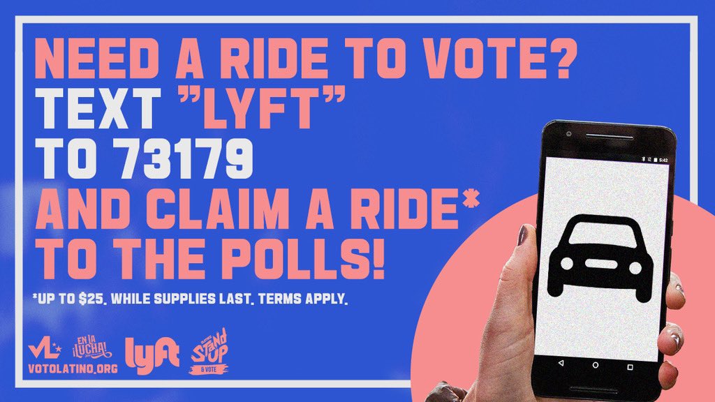 Students Learn Students Vote Coalition (@slsvcoalition) on Twitter photo .<a href="/VotoLatino/">Voto Latino</a> is offering free rides to the polls. Visit
lyft.com/invite/VLF2020 or text “LYFT” to 73179.
This can be used both to and from the polling location up to $25 dollars each way. #StudentVote .<a href="/VotoLatino/">Voto Latino</a> is offering free rides to the polls. Visit
lyft.com/invite/VLF2020 or text “LYFT” to 73179.
This can be used both to and from the polling location up to $25 dollars each way. #StudentVote