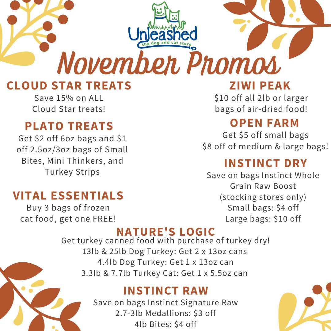 UnleashedLB's tweet image. This November at @UnleashedLB we’ve got deals from @Instinct, @PlatoPetTreats, @VitalEssentRaw, @CloudStar, @openfarmpet, @Ziwipet, and @NaturesLogic!

#shoplocalraleigh #showsomelocallove
 #nc #northcarolina #petsofthetriangle #unleashedthedogandcatstore #unleashedlakeboone