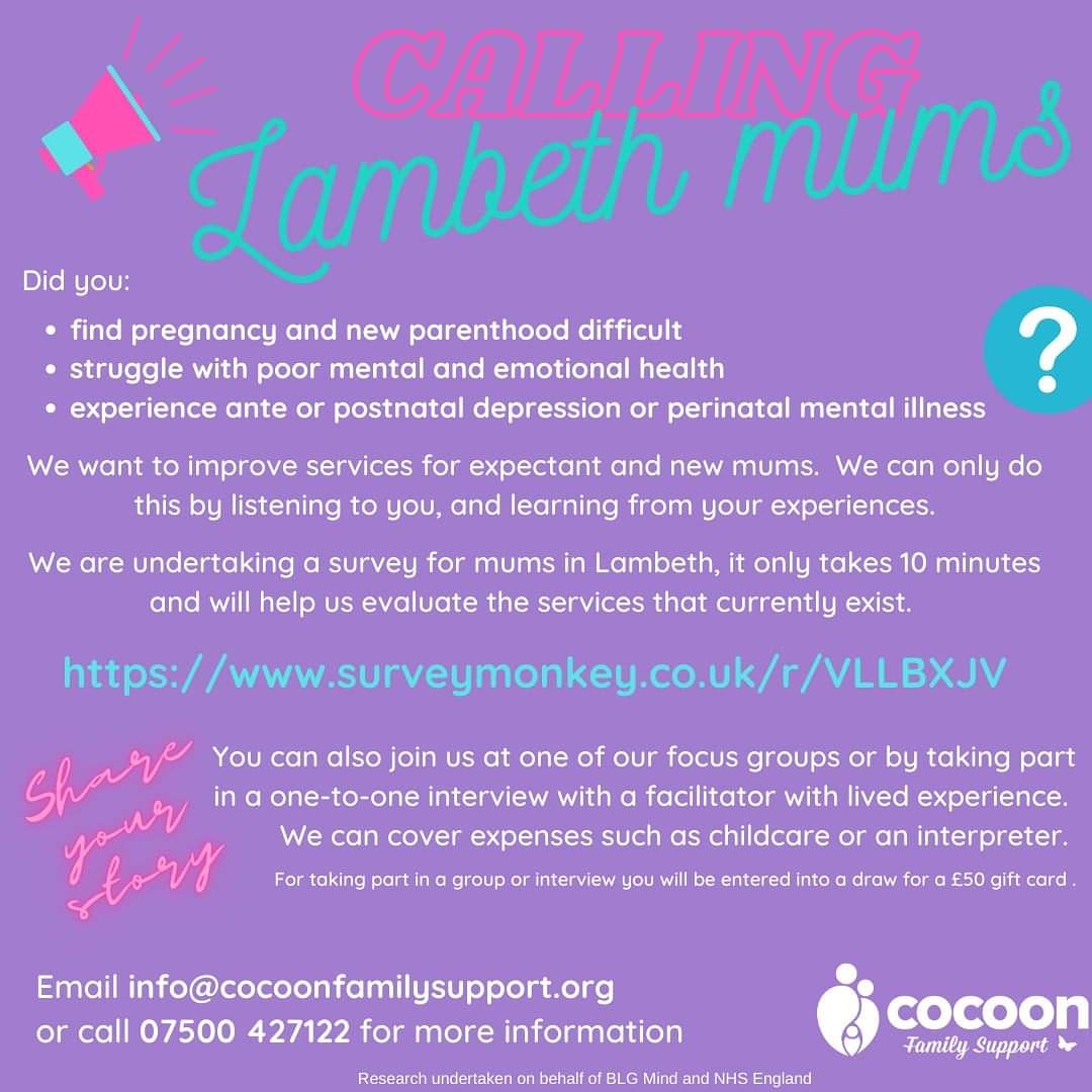 CocoonFS's tweet image. #Lambeth #parents - please take the time to complete a short survey for us to learn about services available to you.

Complete it here:

surveymonkey.co.uk/r/VLLBXJV

#southlondon #perinatalmentalhealth #mentalhealth #HaveYourSay