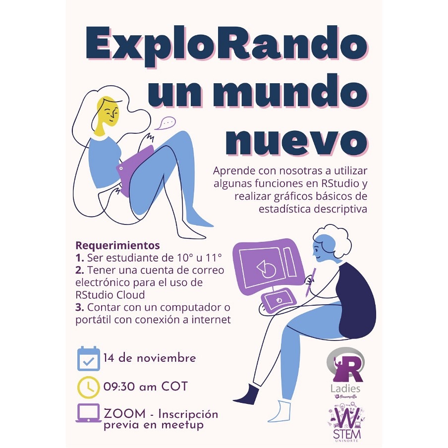 RLadiesBquilla's tweet image. En esta ocasión nos hemos aliado con  W-STEM UN para dar a conocer un poco de este mundo maravilloso de R a los estudiantes de 10 ° y 11° de escuelas privadas y públicas. 
Link: uninorte.zoom.us/meeting/regist…

#rstudio #WomenWhoCode #DataAnalytics  #WomenInSTEM #womeninscience