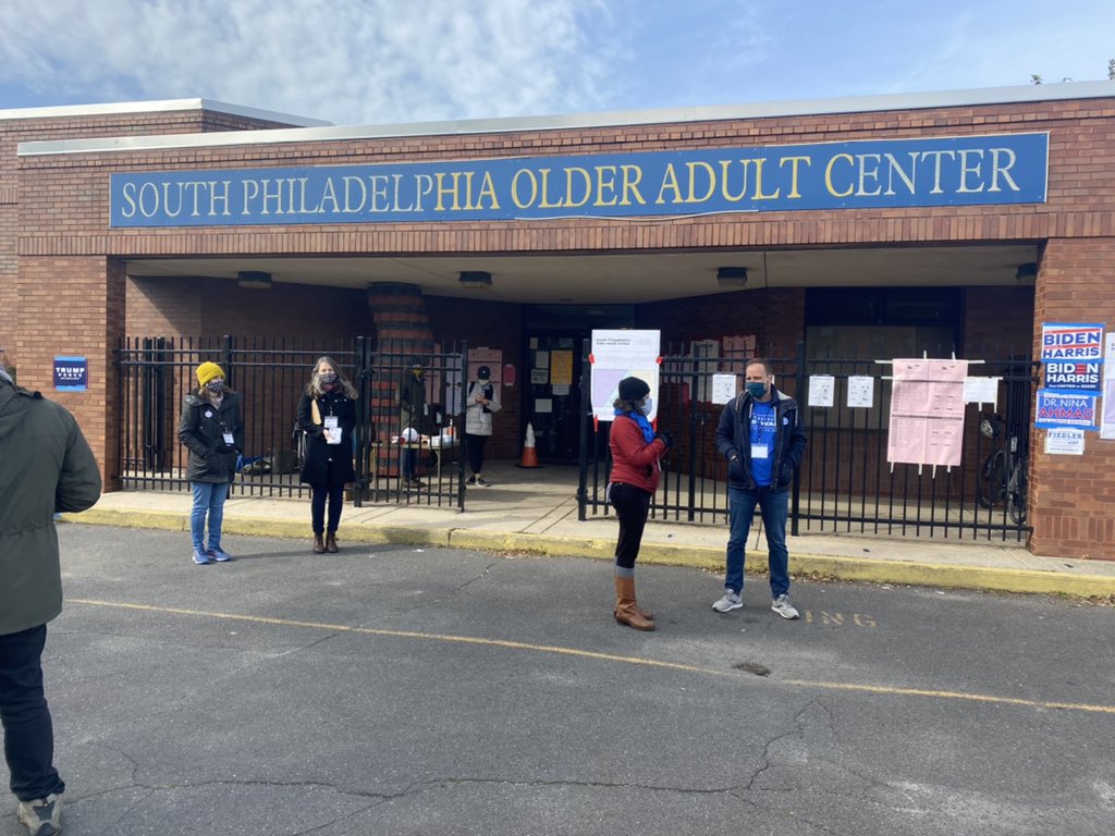 No line at South Philadelphia Adult Center. Poll workers said that line was wrapped around the building but has since dissolved. Several local organizations are handing out free food.