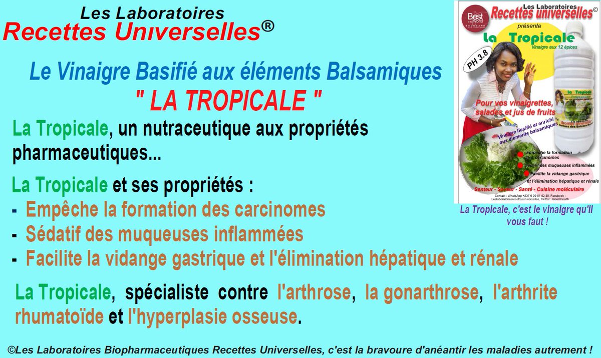RecettesUHealth's tweet image. LA TROPICALE, un nutraceutique aux propriétés pharmaceutiques…
LA TROPICALE et ses propriétés :
- Empêche la formation des carcinomes
- Sédatif des muqueuses inflammées  
- Facilite la vidange gastrique et l'élimination hépatique et rénale

#LesLaboratoiresRecettesUniverselles