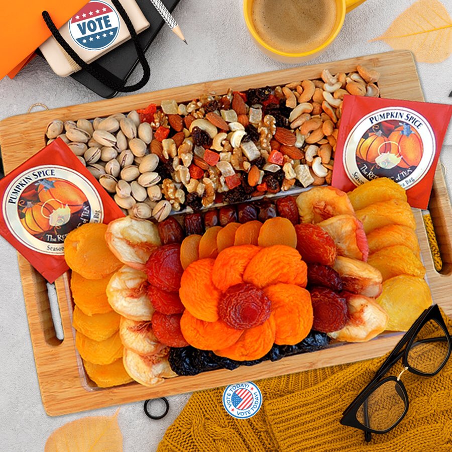 Get out &amp; Vote today, then do your best to relax with our new Fall Dried Fruit Tray packed with fruit &amp; nuts, trail mix &amp; Gourmet Pumpkin Spiced Tea. On a bamboo tray you will have long after you enjoy. Use code: THANKFUL10 for 10% OFF now until Nov. 15th! #Vote2020
