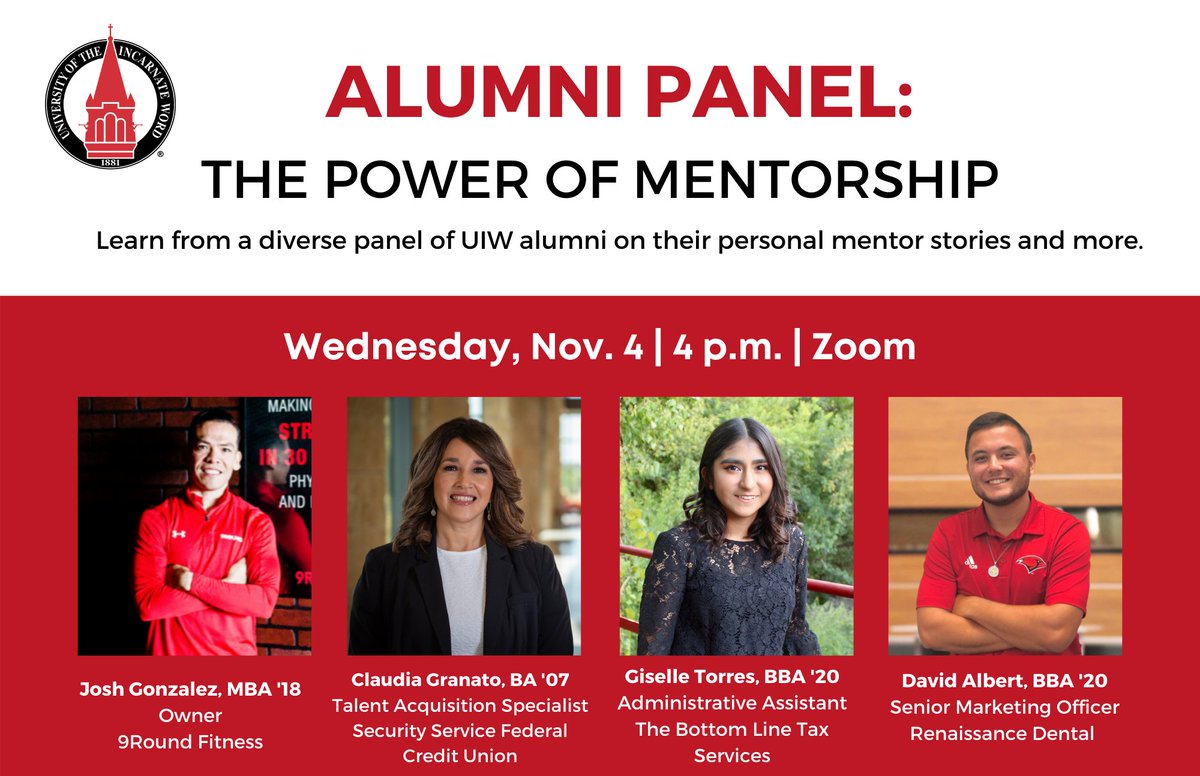uiwcareers's tweet photo. Your UIW Alumni Association is partnering with Career Services to bring you this exclusive panel of alumni speakers! Hear their personal stories of mentorship, how to identify a mentor, and tips and on how to achieve academic and career goals. https://t.co/sZgUNnfRFj https://t.co/2xmF0RJyMb