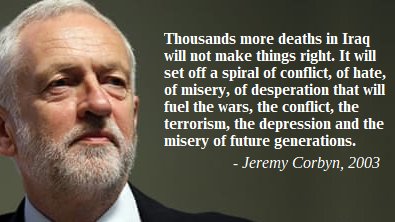 JossSheldon's tweet photo. Corbyn was spot on, in his 2003 speech, when he said a war in Iraq would lead to more terrorism, not less.

War is not the solution. War is the problem.

I salute everyone who opposes war, opposes warmongery, stands up for peace and humanity. https://t.co/kTB7u2osoB