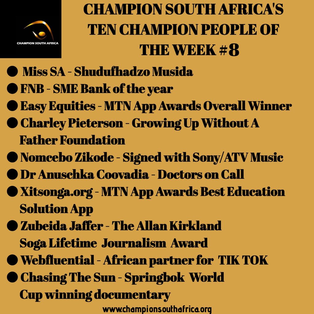 Look who is amongst Champion South Africa’s Ten Champion People Of The Week #ChampionSouthAfrica #ChampionPeople Tag <a href="/ChampionSAfrica/">ChampionSouthAfrica</a> or email info@championsouthafrica.co.za with your nomination . The champion nation building action of your  nominee must be no later than 2 weeks