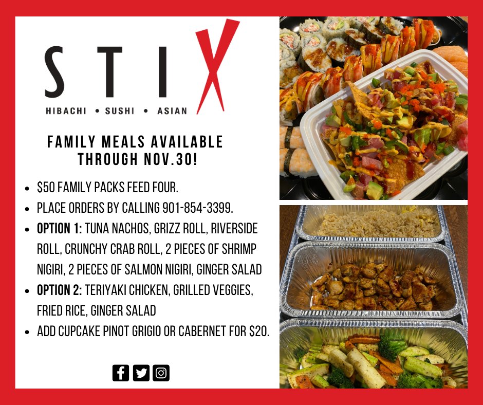 STIX901's tweet image. It's that time of year again! Family meals are back at STIX Collierville. 😋  $50 feeds four people. Check out our options outlined in the image and order UP 👉🏼 901-854-3399.