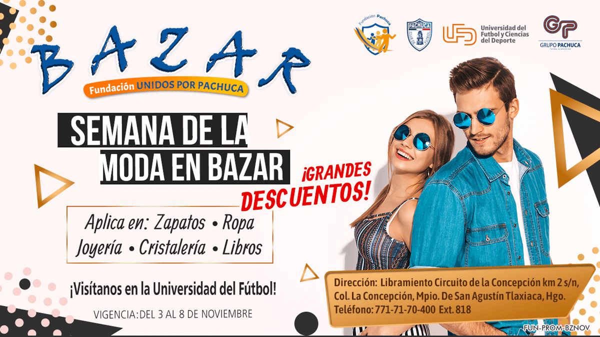 FundacionPachuc's tweet photo. ¡Semana de la moda en Bazar Social! 🥻👘👠🧤🧣👛
Regala lo mejor y sorprende a esa persona especial.☺️🤩 
Te esperamos en la Universidad del Fútbol, Bazar Social "No es lo que compras, es lo que ayudas".  🤗☺️❤️🧡💛💙 https://t.co/sEFGNO8CpJ