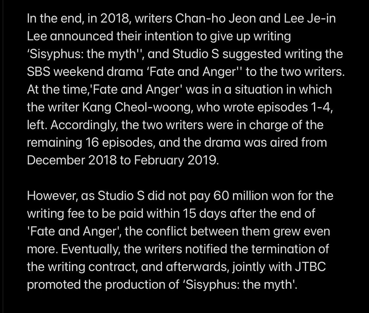 1marisone's tweet photo. SBS drama production company (Studio S) filed a civil suit against the writers #JeonChanHo & #LeeJeIn of Sci-Fi mystery drama #SisyphusTheMyth (tentative title),but lost...
Now expected to air without difficulty on JTBC.
#ChoSeungWoo
#ParkShinHye
https://t.co/dguvylZqnm https://t.co/gzrxQW5kEk