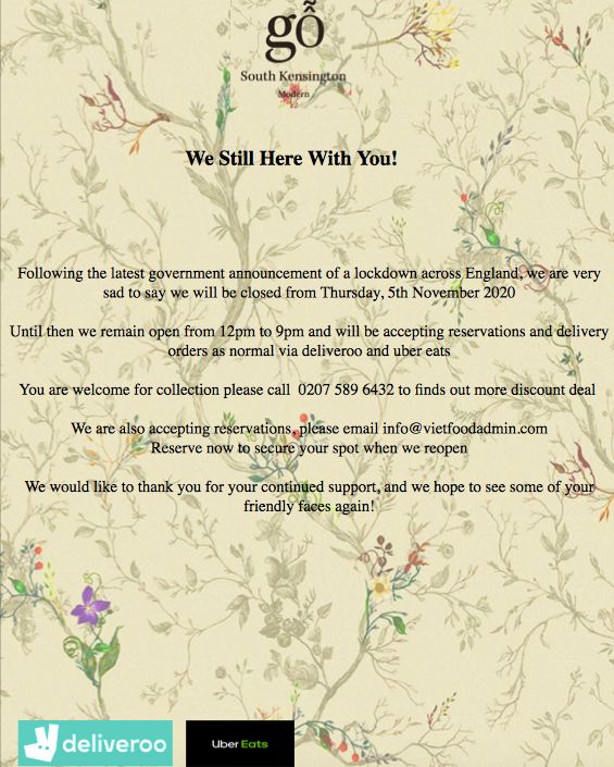 We are sad to say we will be closing again! However we will still be doing takeaways, so enjoy our delicious dishes from the comfort of your home.