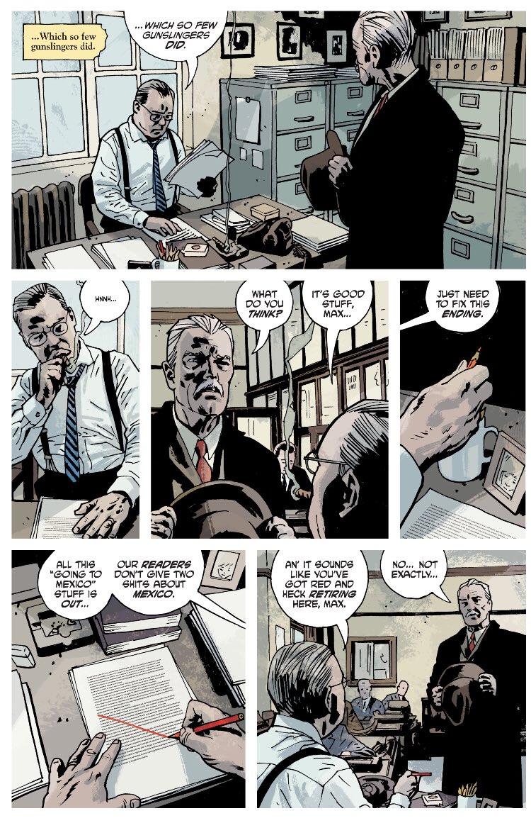 A cool little piece of stagecraft in Brubaker, Phillips, & Phillips' PULP: writer Max Winters and his editor argue over the ending of his latest story, an argument where the editor holds all the cards. He strikes a line through the ending at the a start of their discussion... 