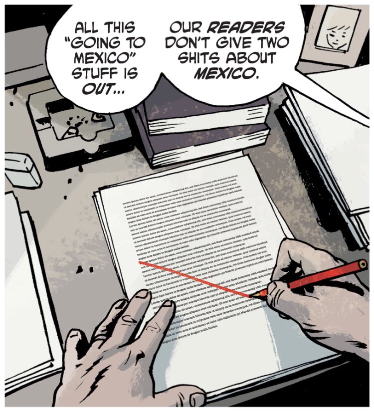 A cool little piece of stagecraft in Brubaker, Phillips, & Phillips' PULP: writer Max Winters and his editor argue over the ending of his latest story, an argument where the editor holds all the cards. He strikes a line through the ending at the a start of their discussion... 