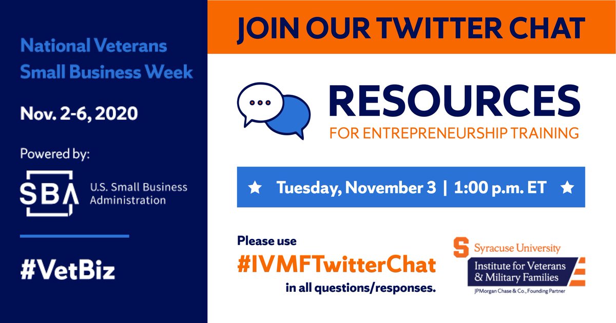 🔔 Reminder: In 15 MINUTES tune in to our Twitter chat with <a href="/IVMFSyracuseU/">IVMF at Syracuse University</a> to discuss entrepreneurial training programs &amp; resources for #VetBiz owners. Use #IVMFTwitterChat to follow along and participate! 🔔