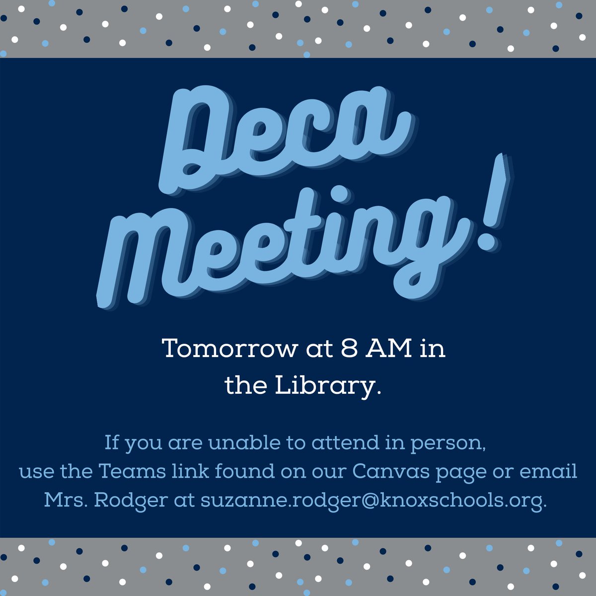 Reminder: Students interested in joining DECA should join us for our next meeting tomorrow morning in the Library.Important info regarding shirts, fees, ect will be discussed. <a href="/slrodger/">Suzanne Rodger</a> @BLPAatHVA