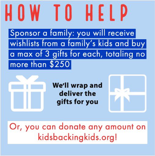 KidsBackingKids's tweet image. We’re excited to announce our holiday gift drive!! Please consider sponsoring a family this holiday season. More info at kidsbackingkids.org/get-involved #kidsbackingkids