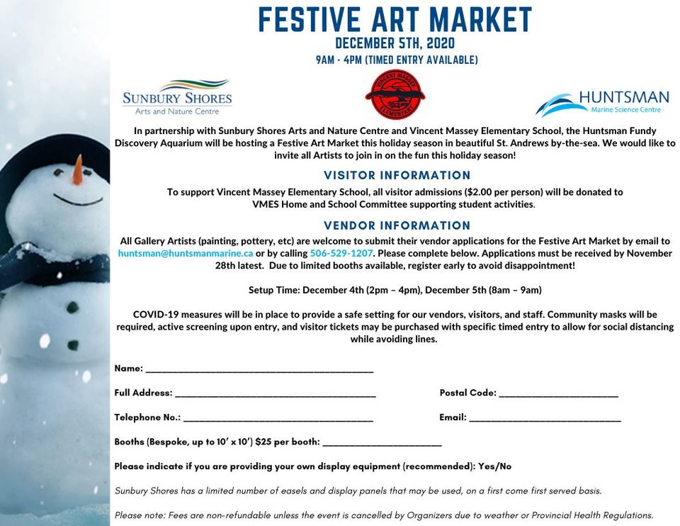 The Huntsman is excited to be hosting TWO MARKETS at the Aquarium this Holiday Season!! Our Festive Art Market will be on Dec 5, 9am - 4pm in partnership with <a href="/SunburyShores/">Sunbury Shores Arts and Nature Centre</a> &amp; @VincentMasseyE1! Art Vendors submit the form to huntsman@huntsmanmarine.ca or call 506-529-1207.